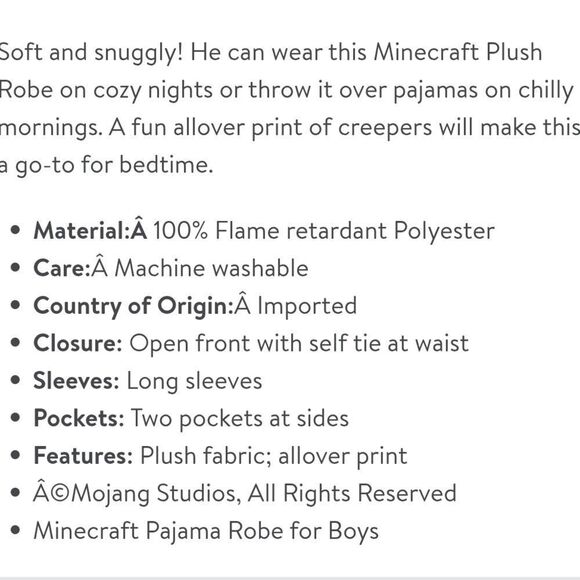 Minecraft Boys Luxe Plush Pajama Robe Size Large 10/12 Blue Green - Picture 7 of 8